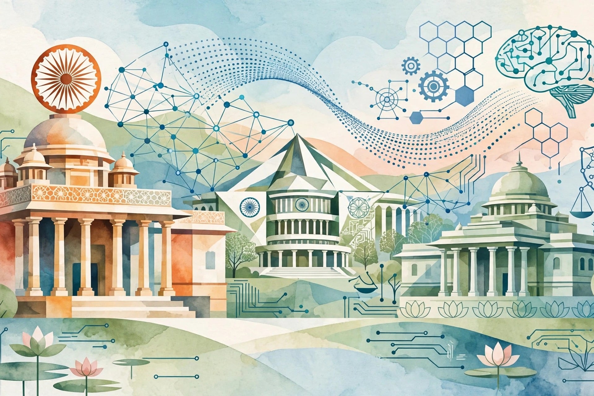 Indian government buildings with artificial intelligence policy symbols