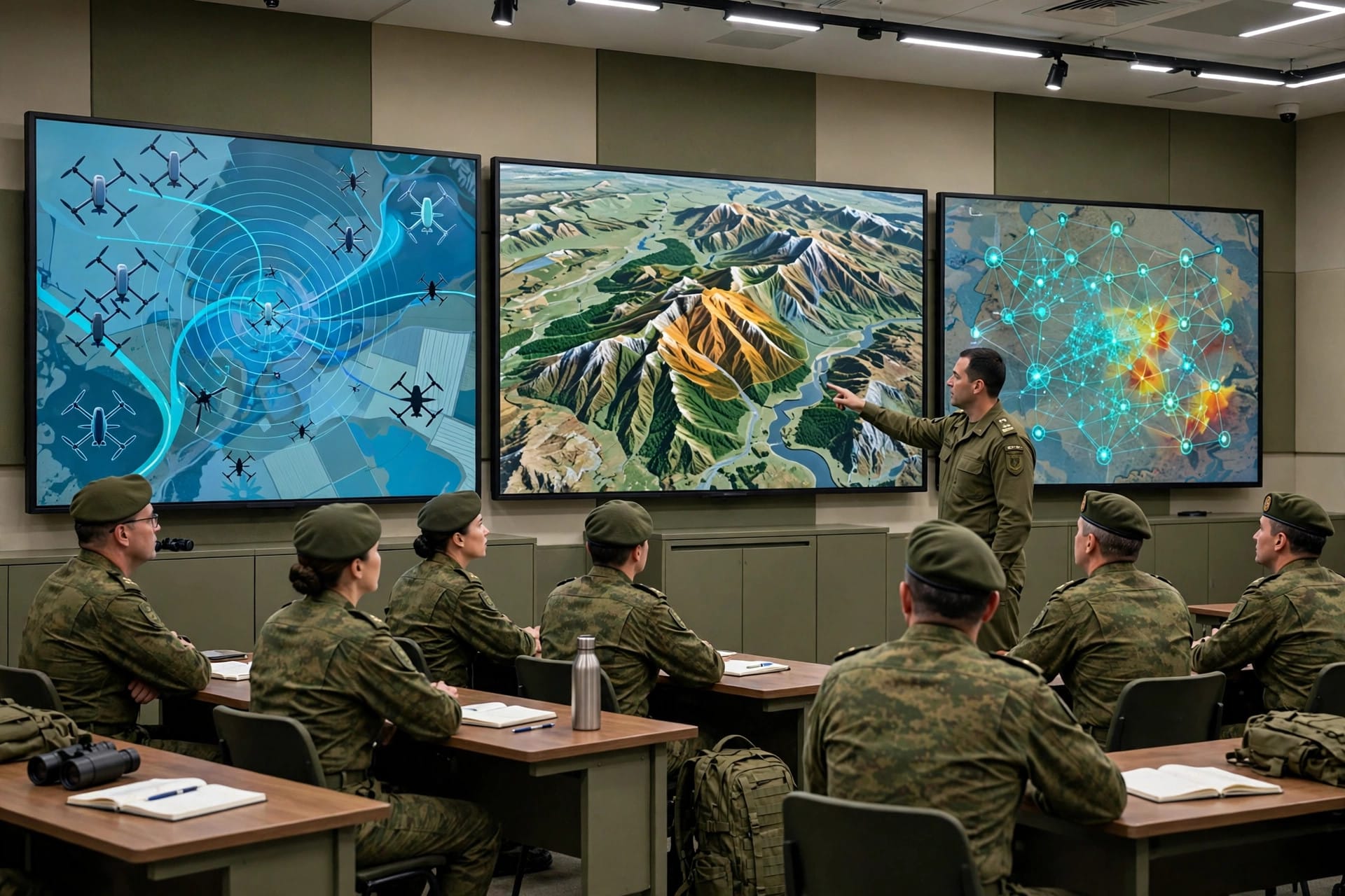 Officers in a military classroom study drone tactics and AI decision maps on large displays — illustrating the AI and drone training in the doctrine