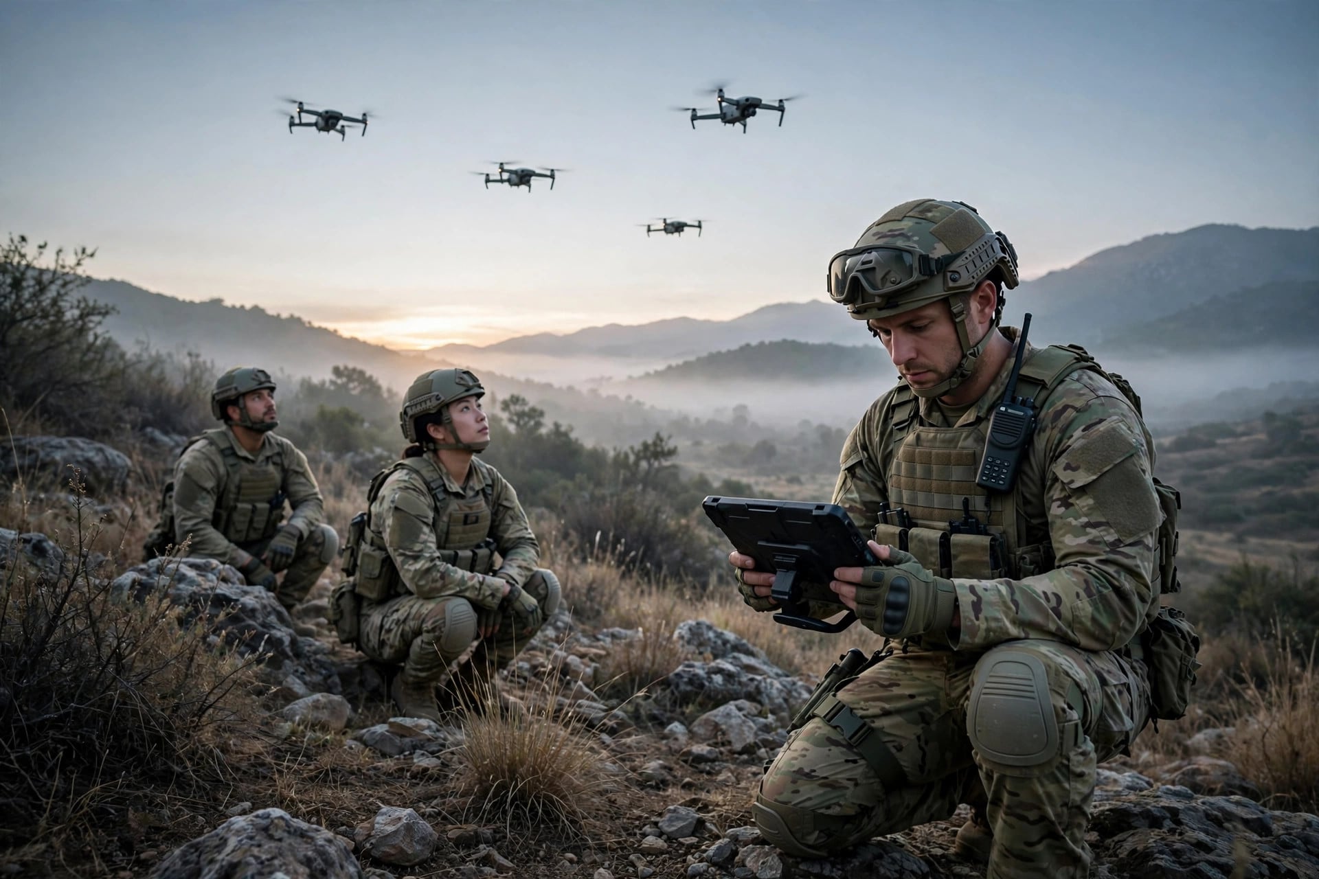 Soldiers in a field training exercise with drones flying overhead, one operating a drone tablet — illustrating India Army Land Warfare Doctrine 2026