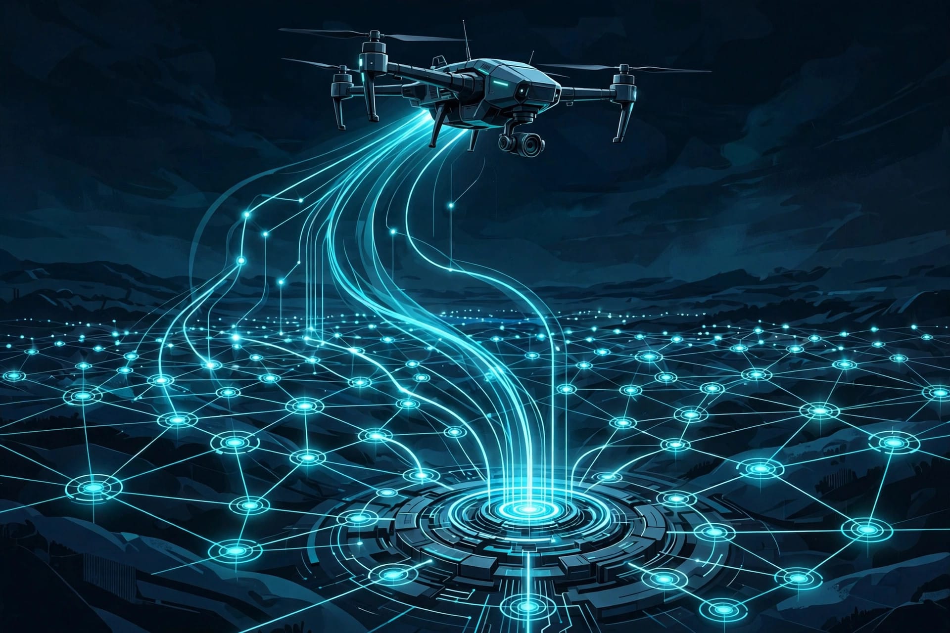 A surveillance drone flies over a glowing sensor data network — illustrating the sensor-to-shooter loops of India military AI layer