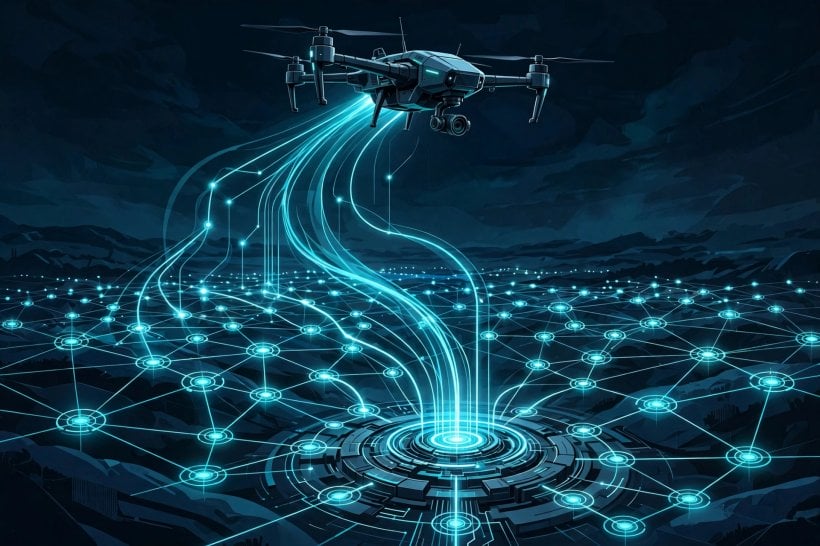 A surveillance drone flies over a glowing sensor data network — illustrating the sensor-to-shooter loops of India military AI layer