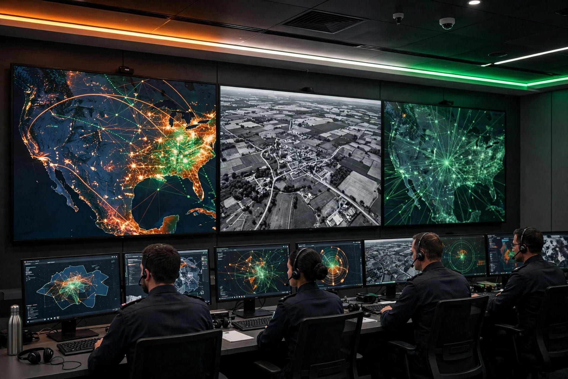 Officers in a military command center study data-fusion maps on large screens — illustrating India plan for its own military AI layer