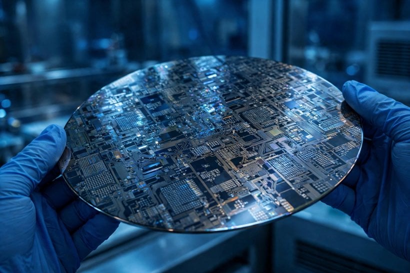 Gloved hands holding a silicon wafer in a laboratory