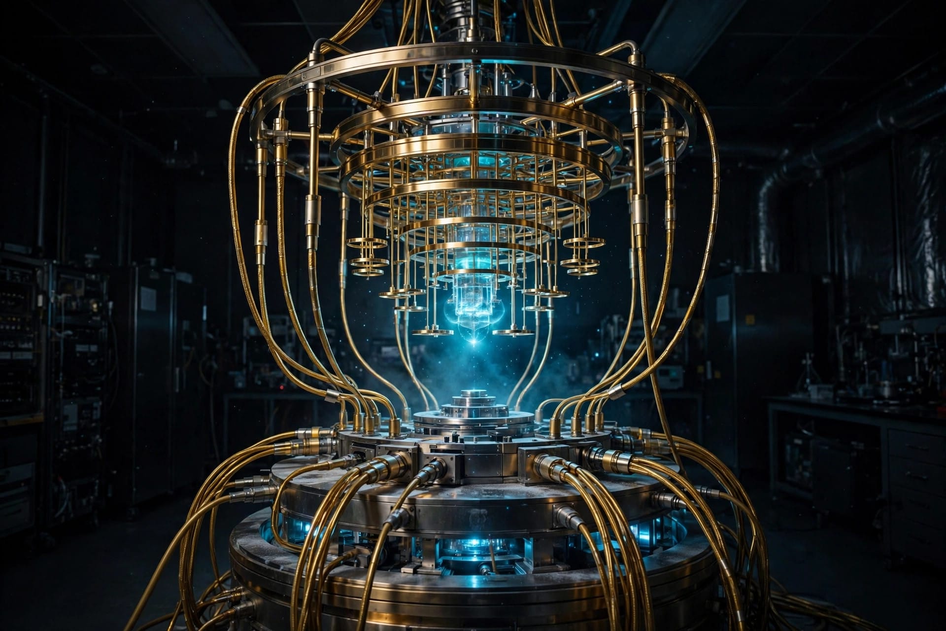 Glowing quantum computer device with golden cables in a dark laboratory, illustrating Classiq's quantum software platform