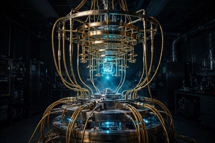 Glowing quantum computer device with golden cables in a dark laboratory, illustrating Classiq's quantum software platform