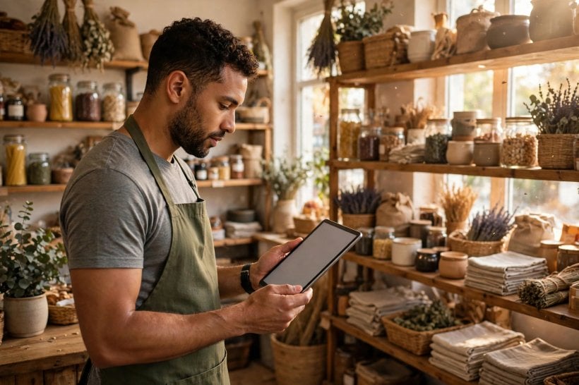 Small business owner checking invoices on a tablet in a bright shop