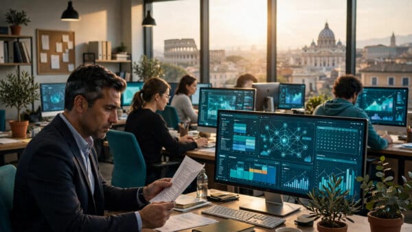 Italian employer reviewing a workplace risk assessment document as AI scheduling software runs in the office behind