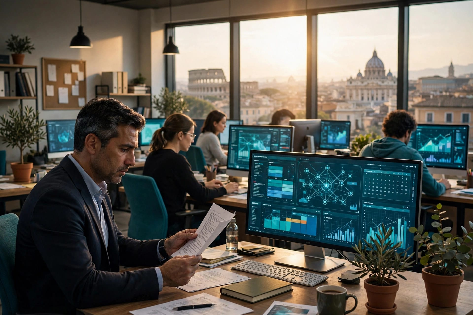 Italian employer reviewing a workplace risk assessment document as AI scheduling software runs in the office behind