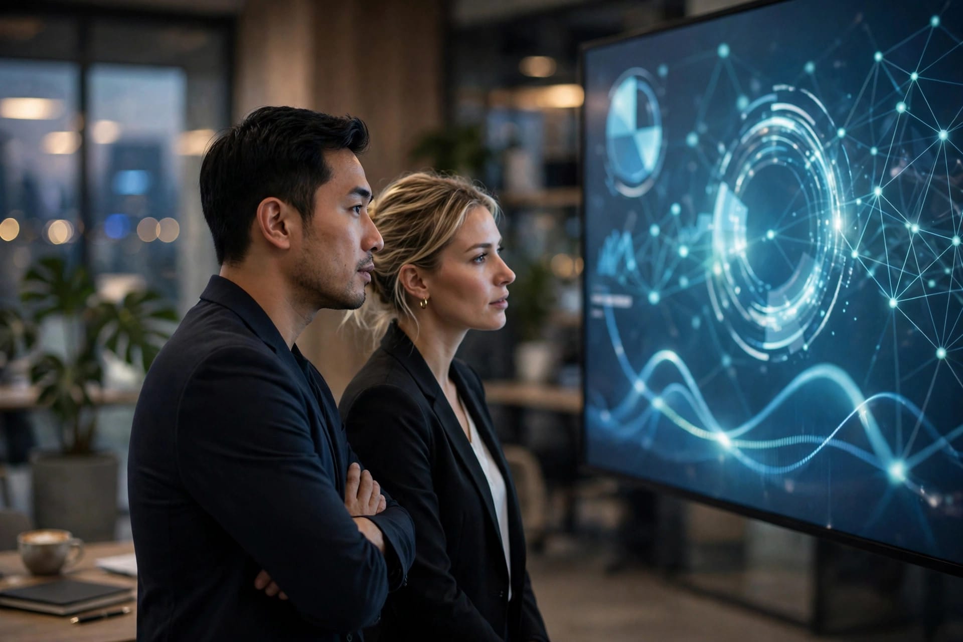 Business people reviewing data visualizations on a large screen in a modern office