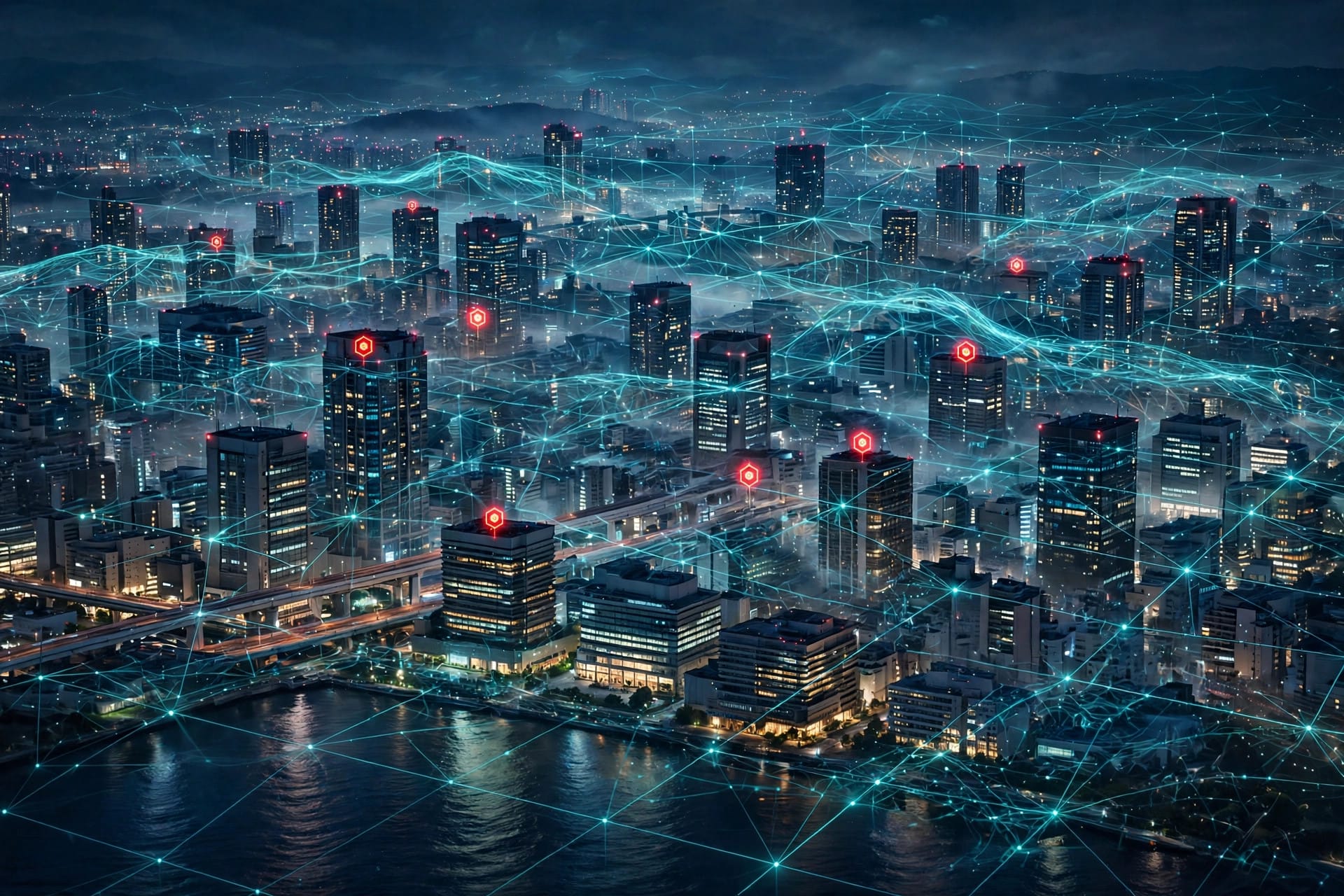 Digital network map over Tokyo with red alert markers, representing Japan planned AI cyberattack simulations during the PHP2Shell crisis