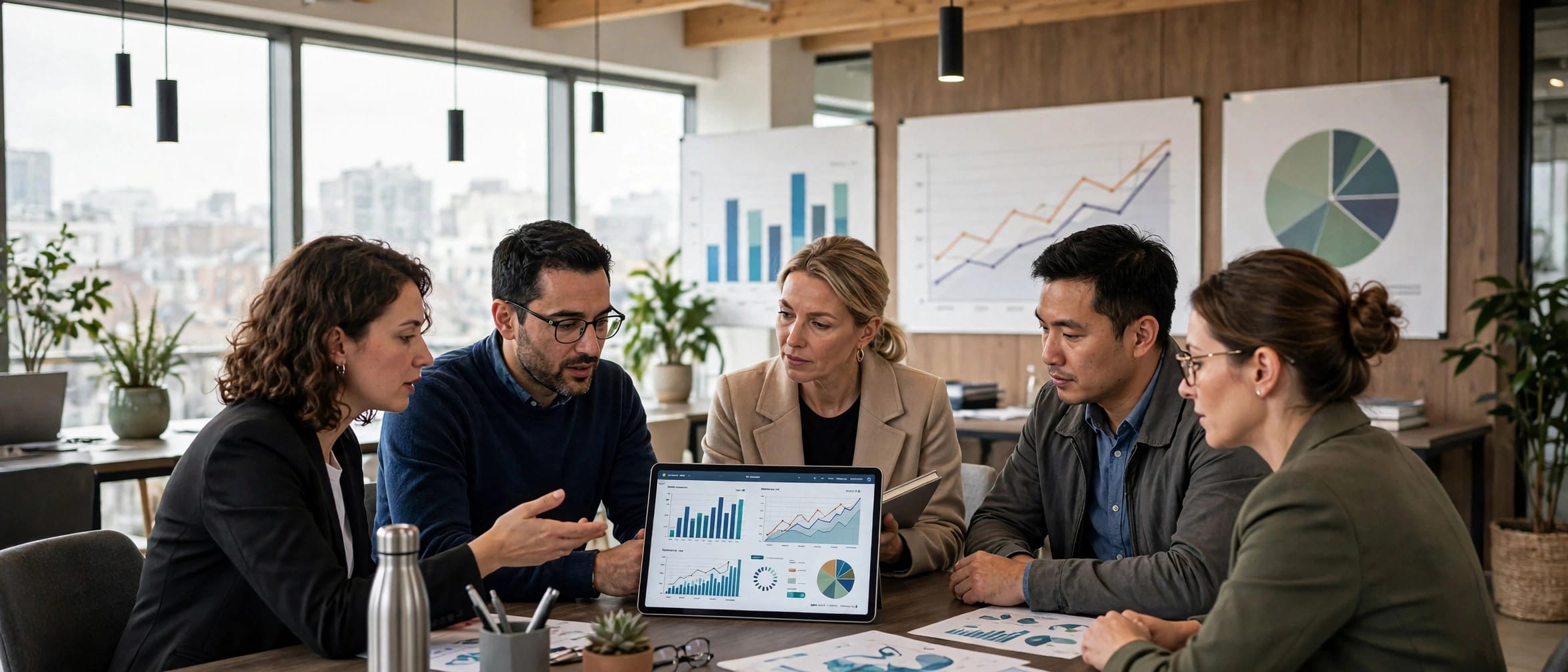 A business team discussing insights from an AI analyst on a tablet and wall charts in a bright modern office