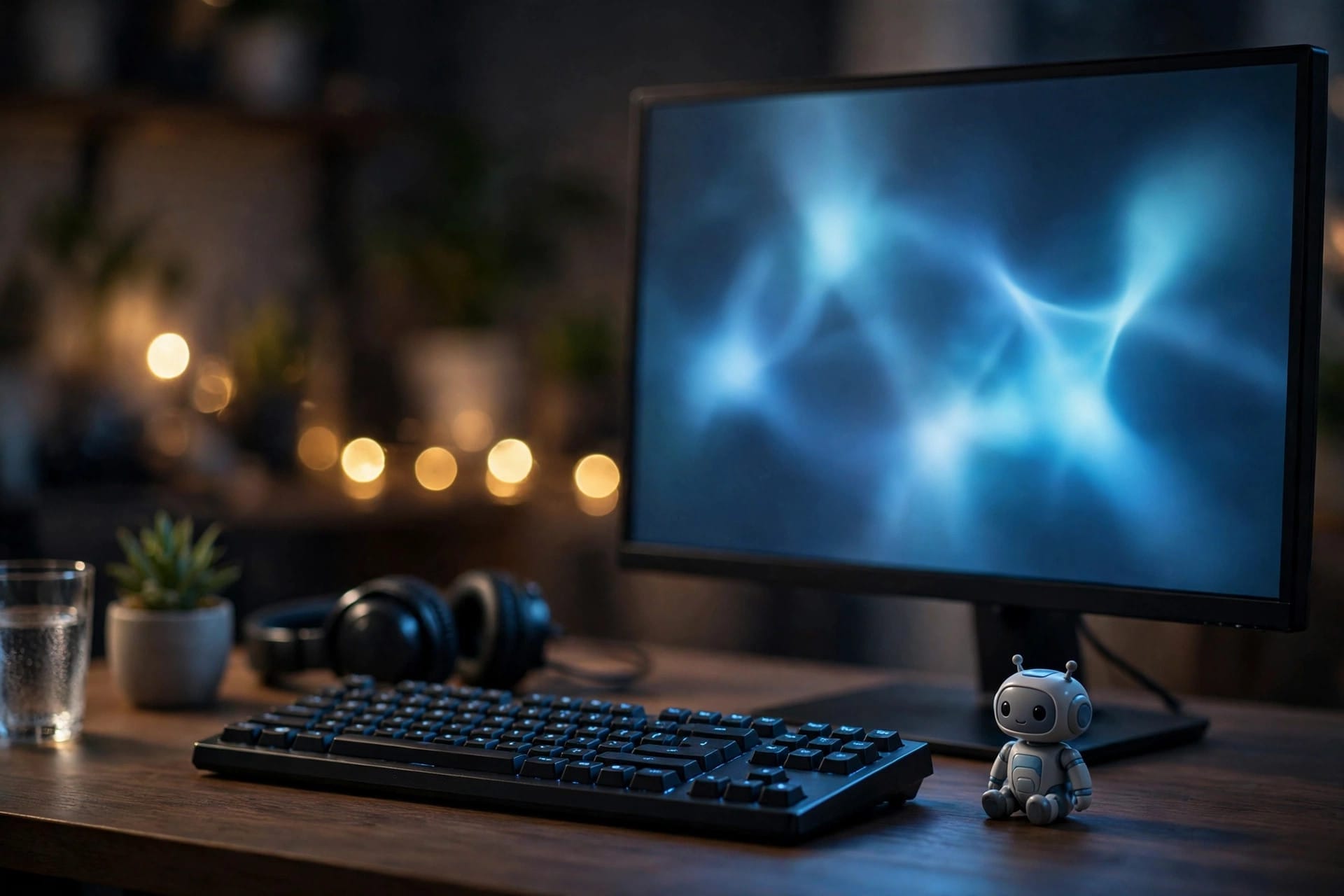 Developer workstation with a monitor showing blurred abstract code patterns