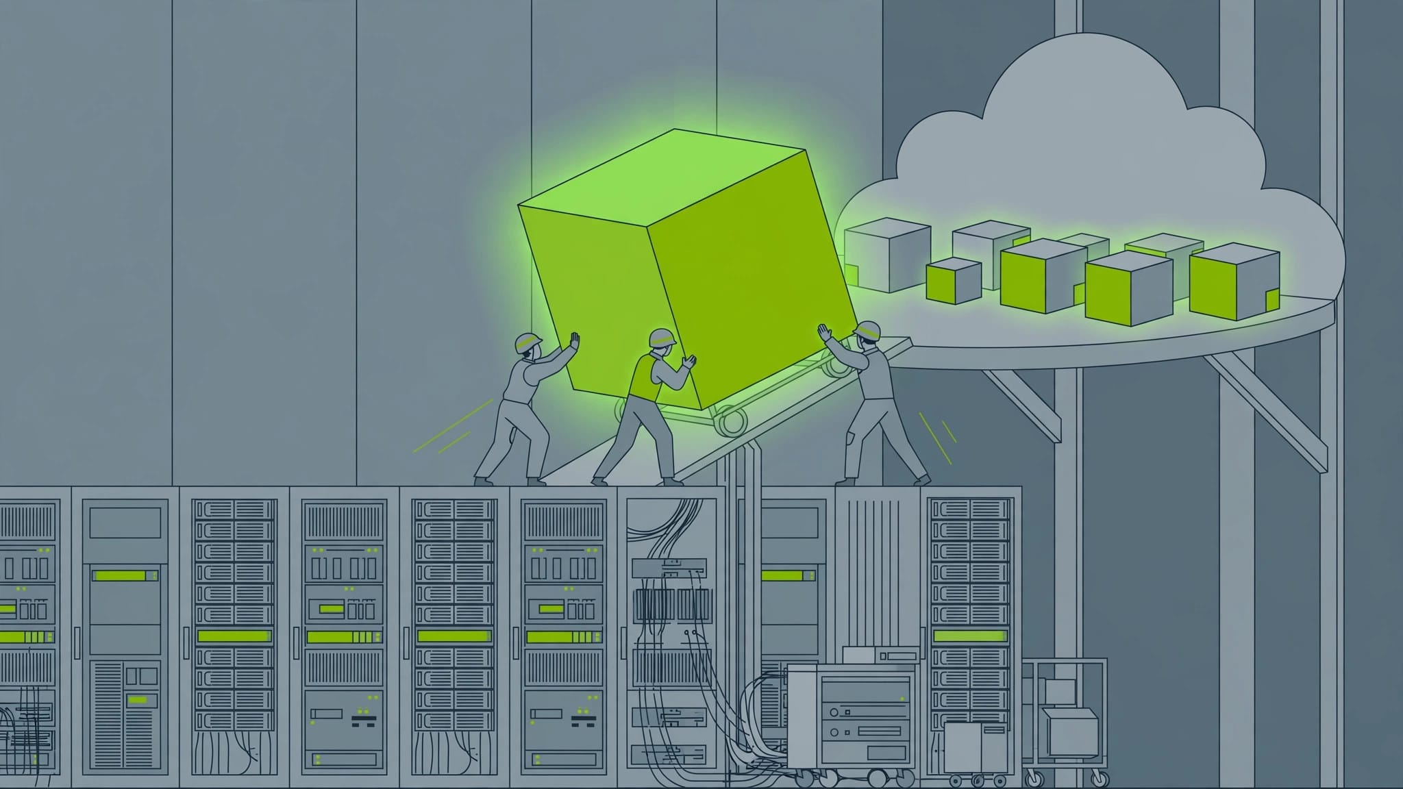 Kimi K3 in the cloud illustrated as workers shelving a giant glowing cube in a data centre