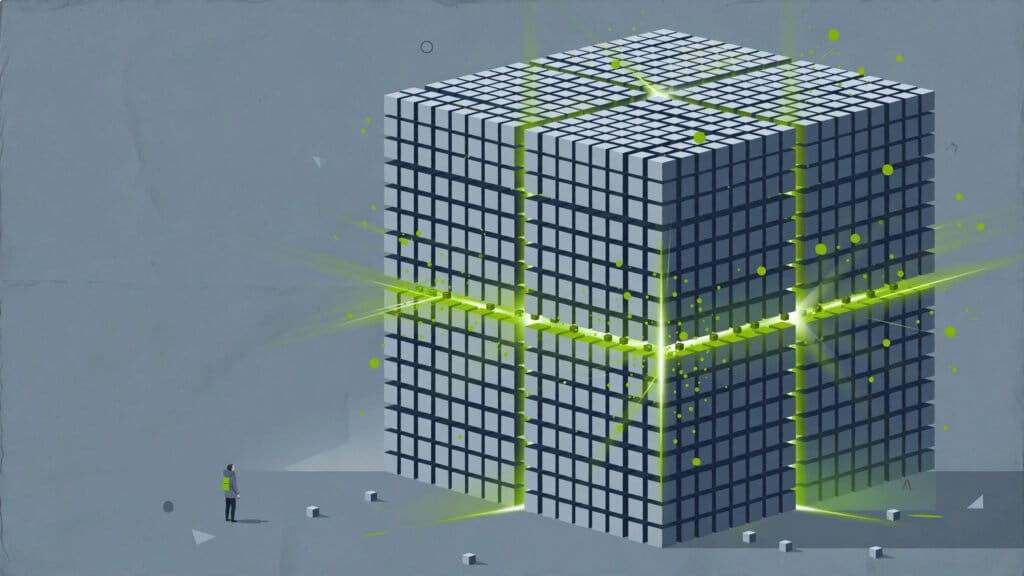 Kimi K3 illustrated as a giant glowing cube built from thousands of tiny cubes beside a human figure