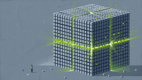 Kimi K3 illustrated as a giant glowing cube built from thousands of tiny cubes beside a human figure