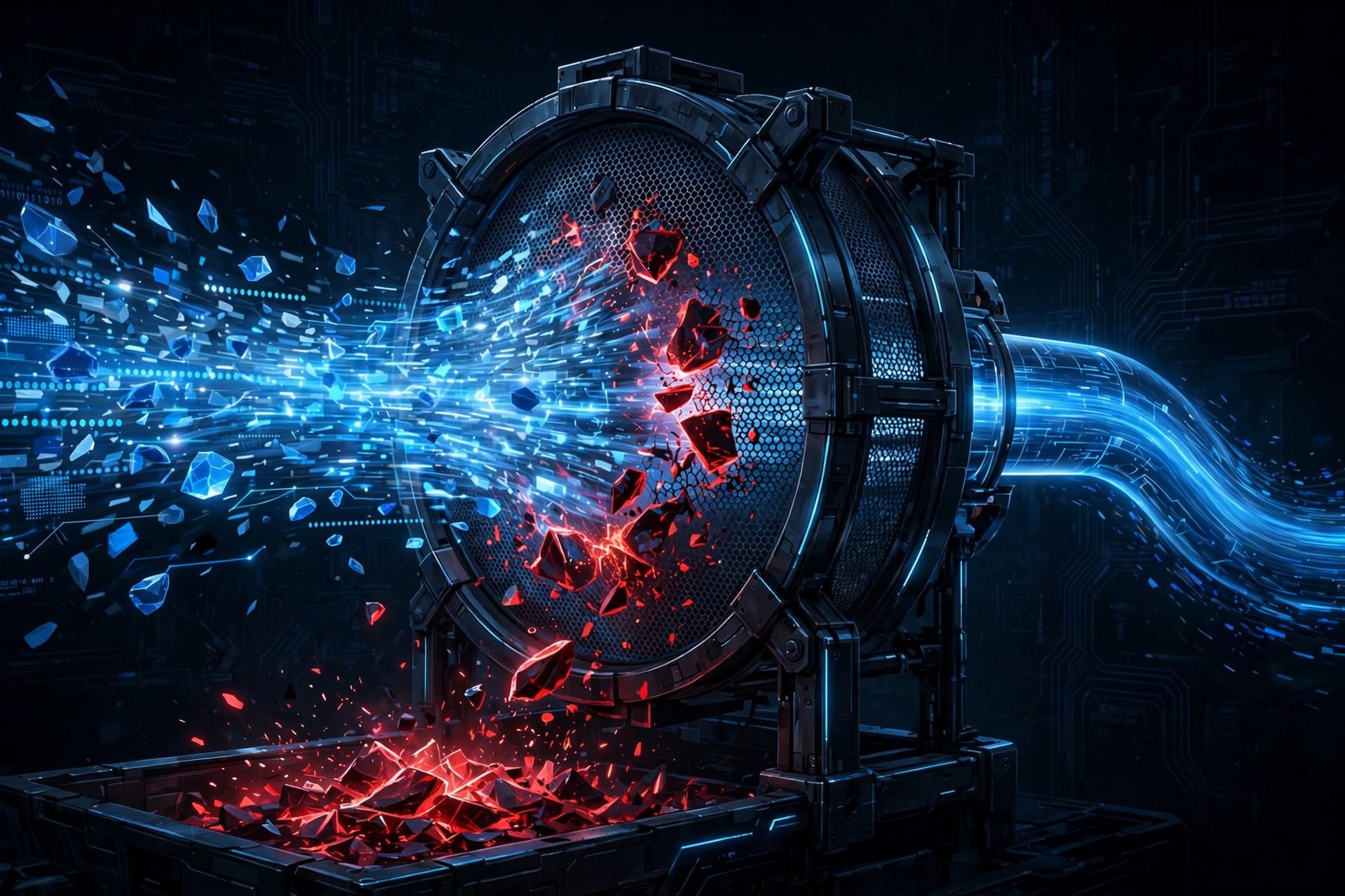 Illustration of code data streams passing through a digital sieve that filters out malicious segments