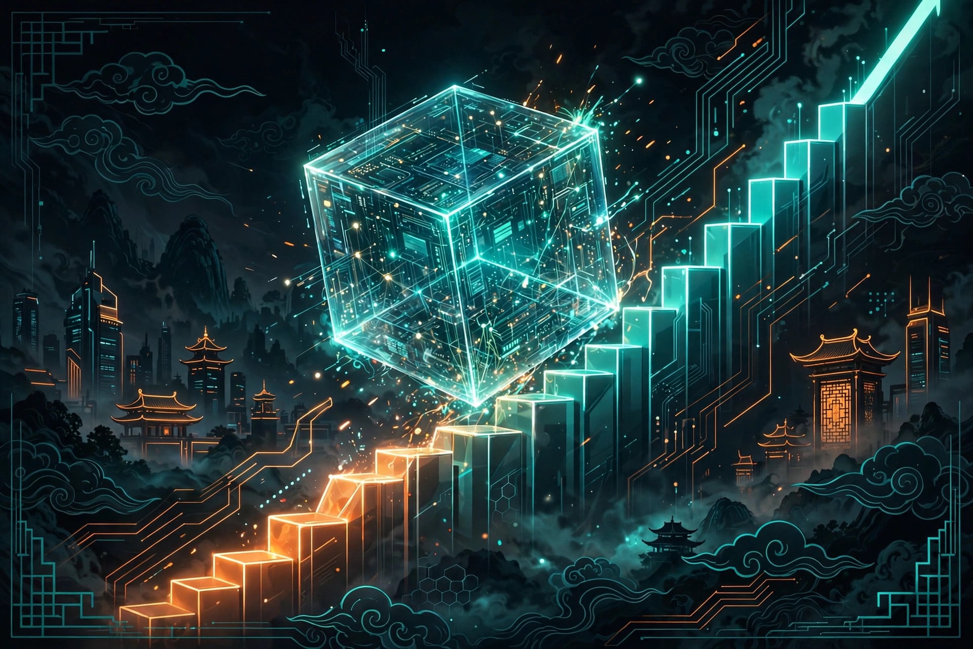 Illustration of a glowing open-weight AI model cube climbing a rising leaderboard chart with neon accents