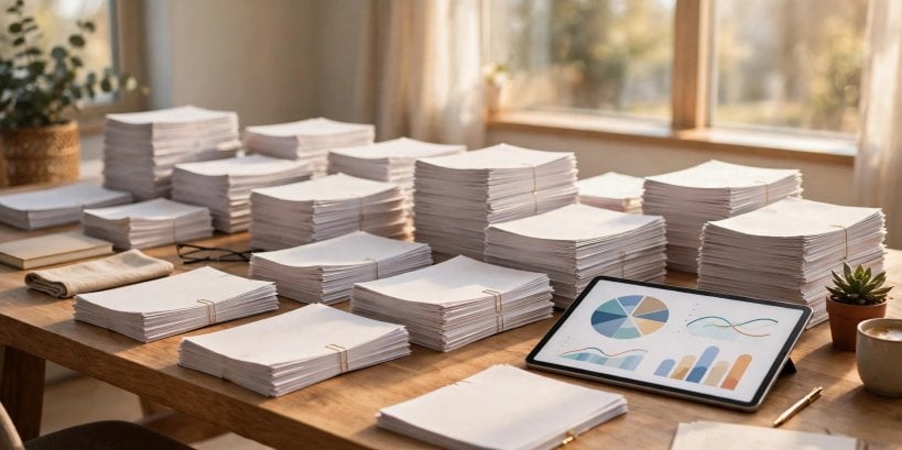 Long desk covered with neat stacks of documents and a tablet showing abstract charts