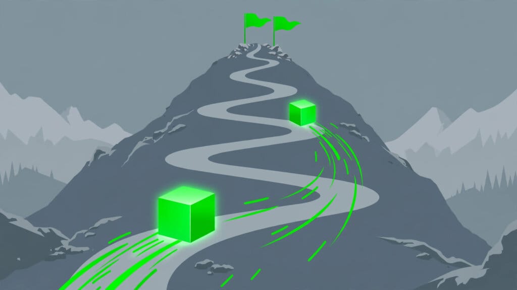 Kimi versus DeepSeek illustrated as two glowing cubes racing up a mountain path