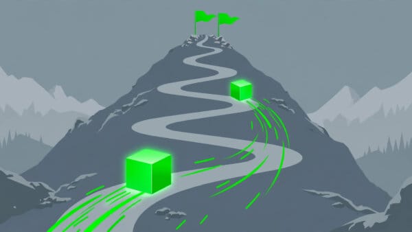 Kimi versus DeepSeek illustrated as two glowing cubes racing up a mountain path