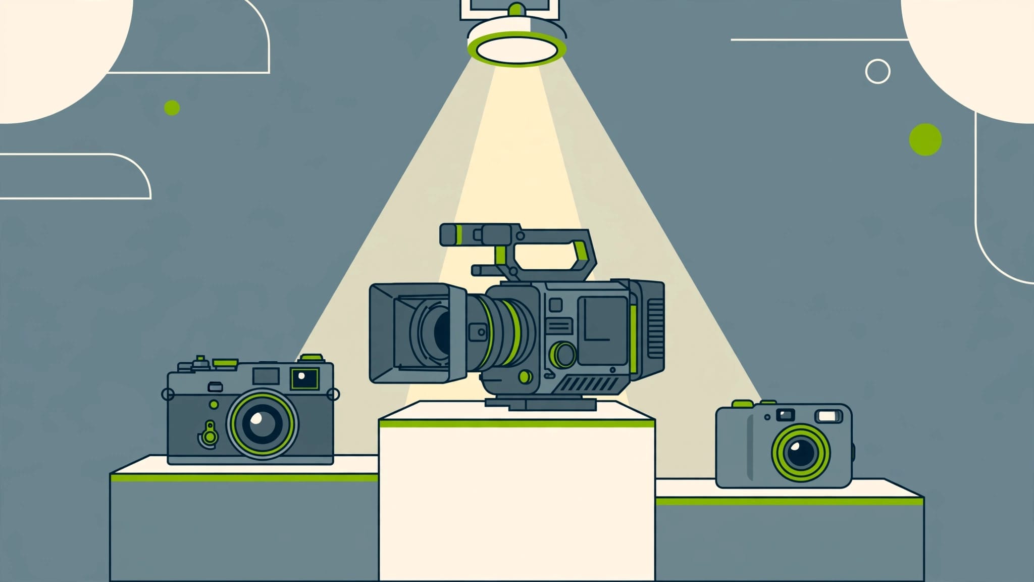Illustration of three different film cameras on a winners podium, representing the leading AI video models Kling, Runway and Veo