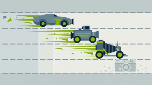 Illustration of three film cameras racing on a track with an empty fourth lane, representing the Kling, Runway and Veo race after Sora