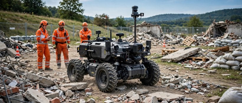 Wheeled rescue robot navigating a training ground