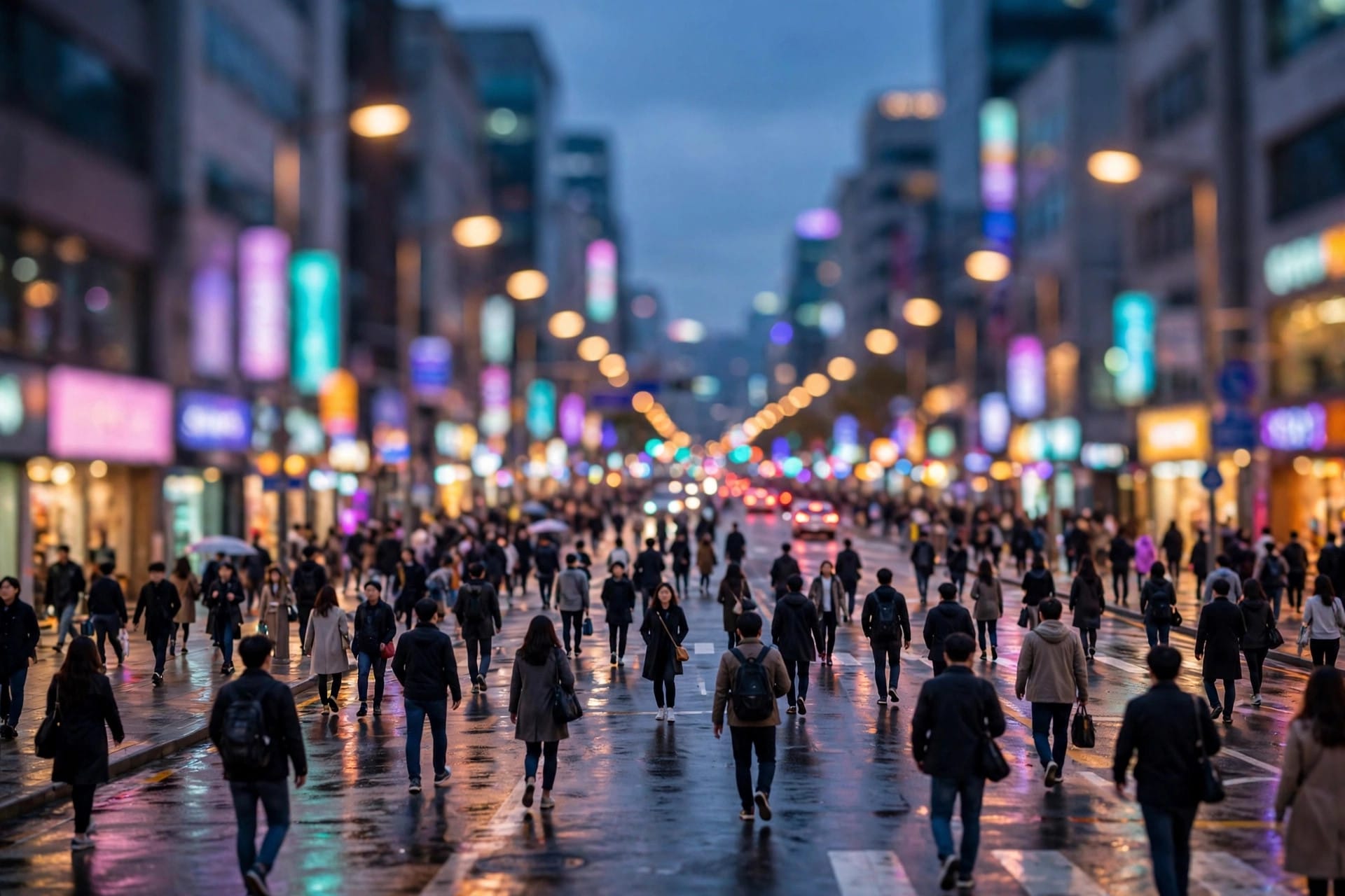 Crowds on a busy Seoul street at dusk