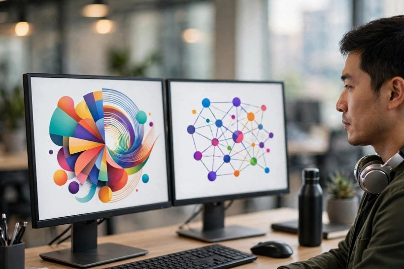Engineer reviewing colourful AI model routing charts on two monitors in a bright office