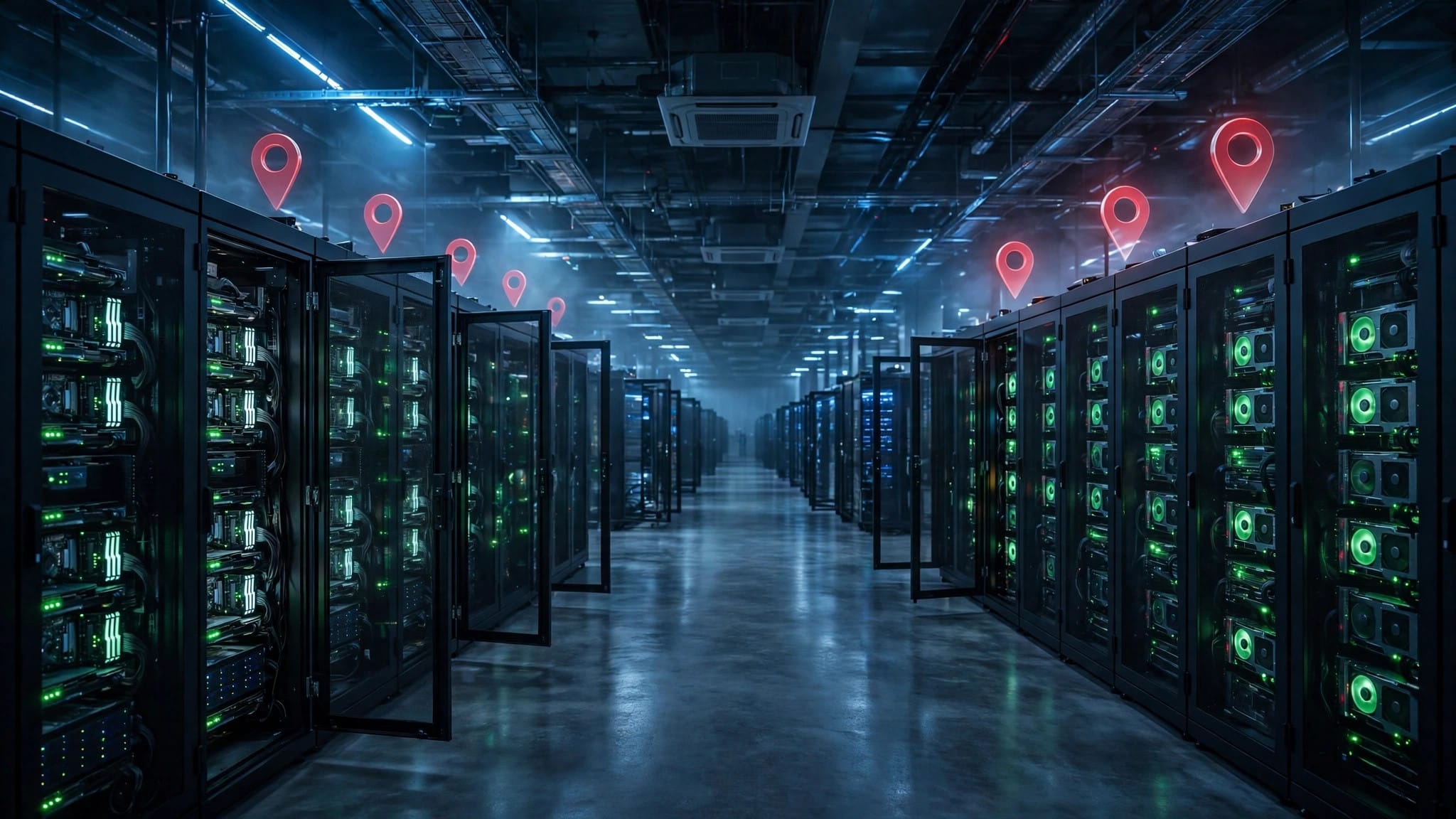 AI data center server racks with glowing GPUs and red location pins marking exposed monitoring endpoints on Chinese networks