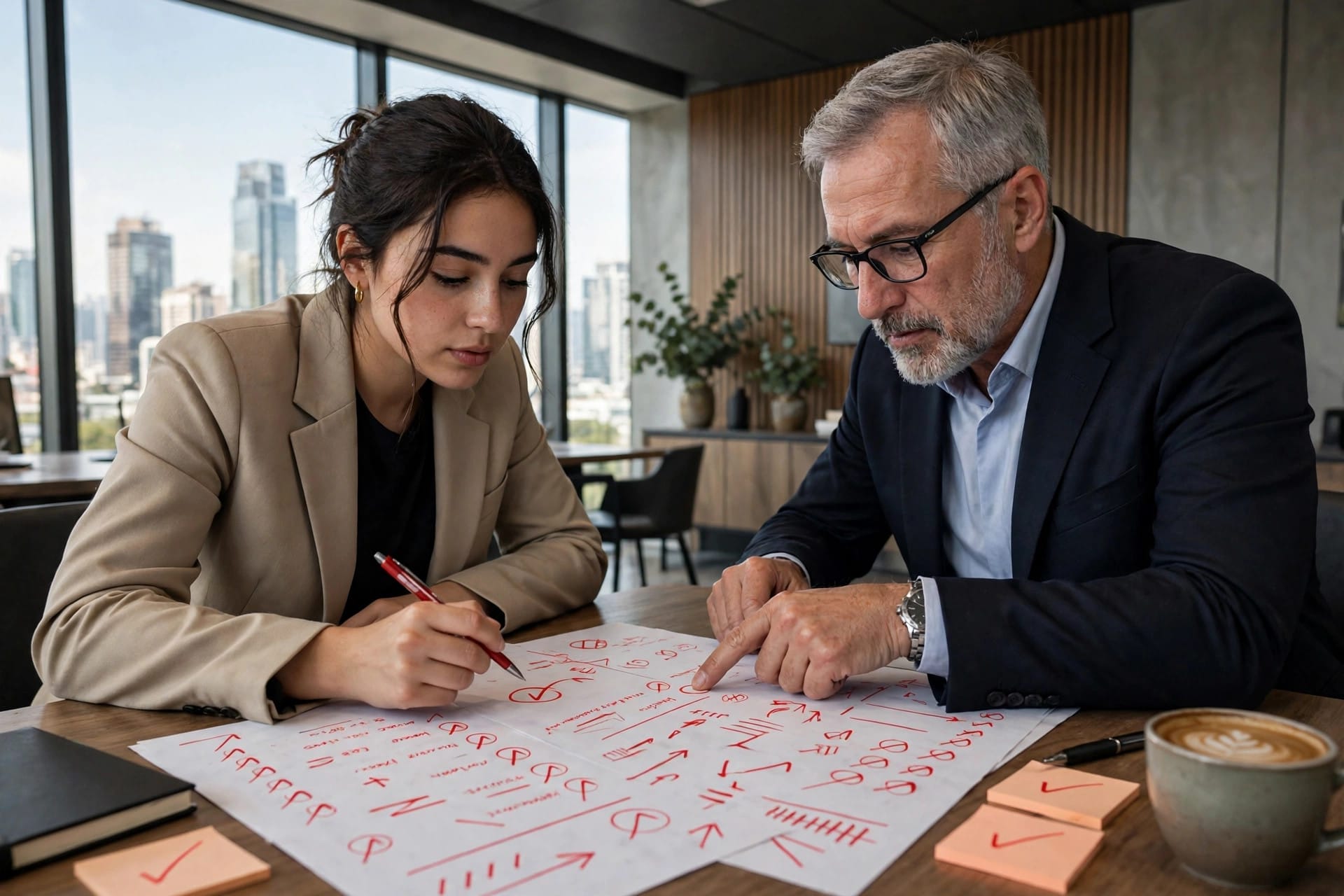 Junior lawyer and senior partner reviewing AI-generated draft documents under the Law Society practice note