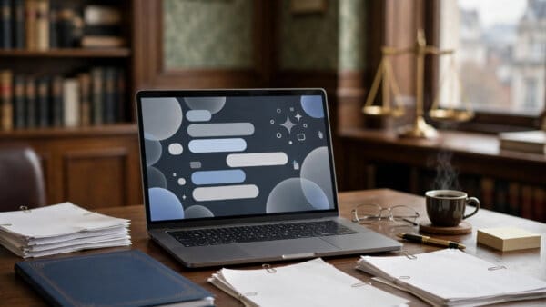 Law Society AI practice note on a solicitor desk beside a laptop and legal documents
