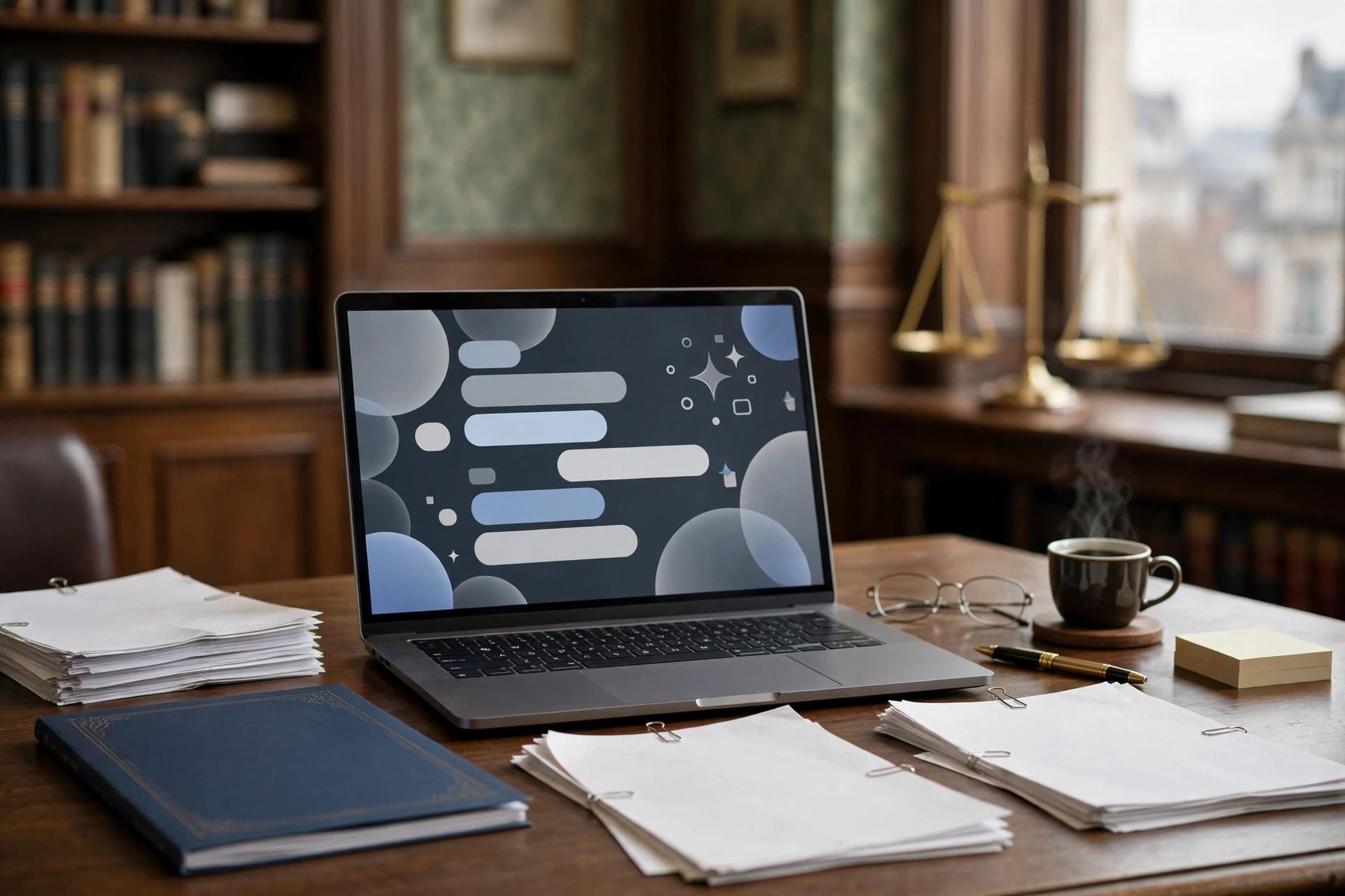 Law Society AI practice note on a solicitor desk beside a laptop and legal documents