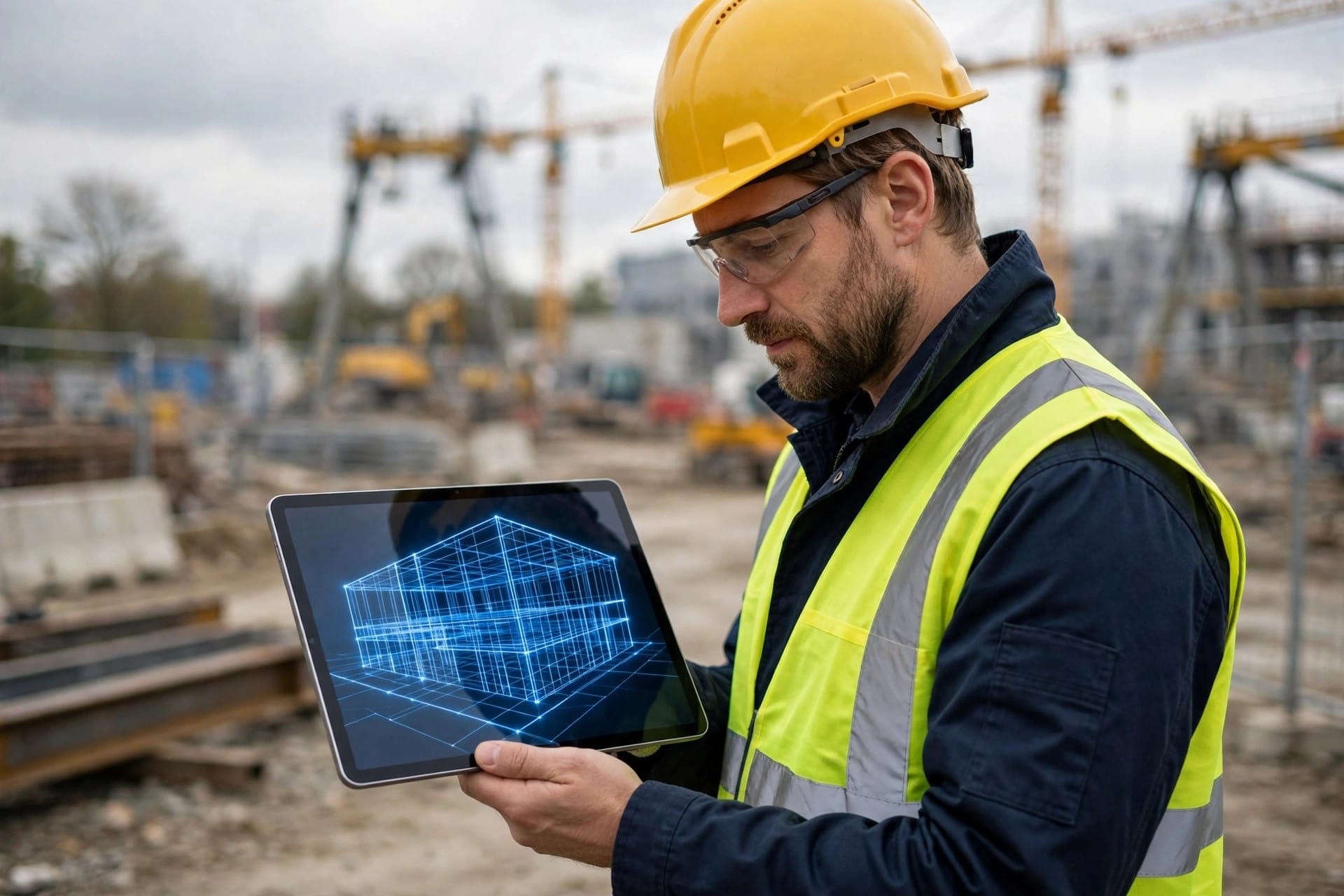 Engineer reviewing a 3D building wireframe model on a tablet at a construction site