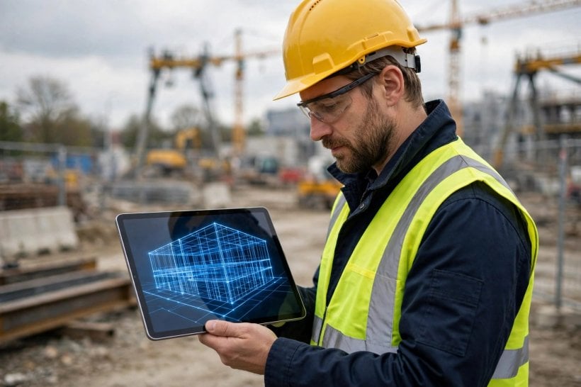 Engineer reviewing a 3D building wireframe model on a tablet at a construction site