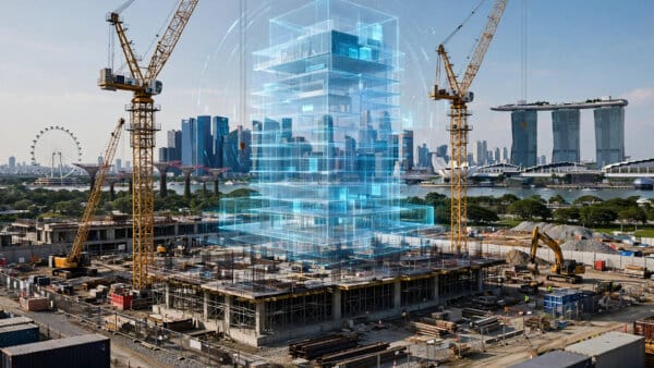 Construction site with a holographic building digital twin, representing LeapThought and Google Cloud sovereign AI partnership