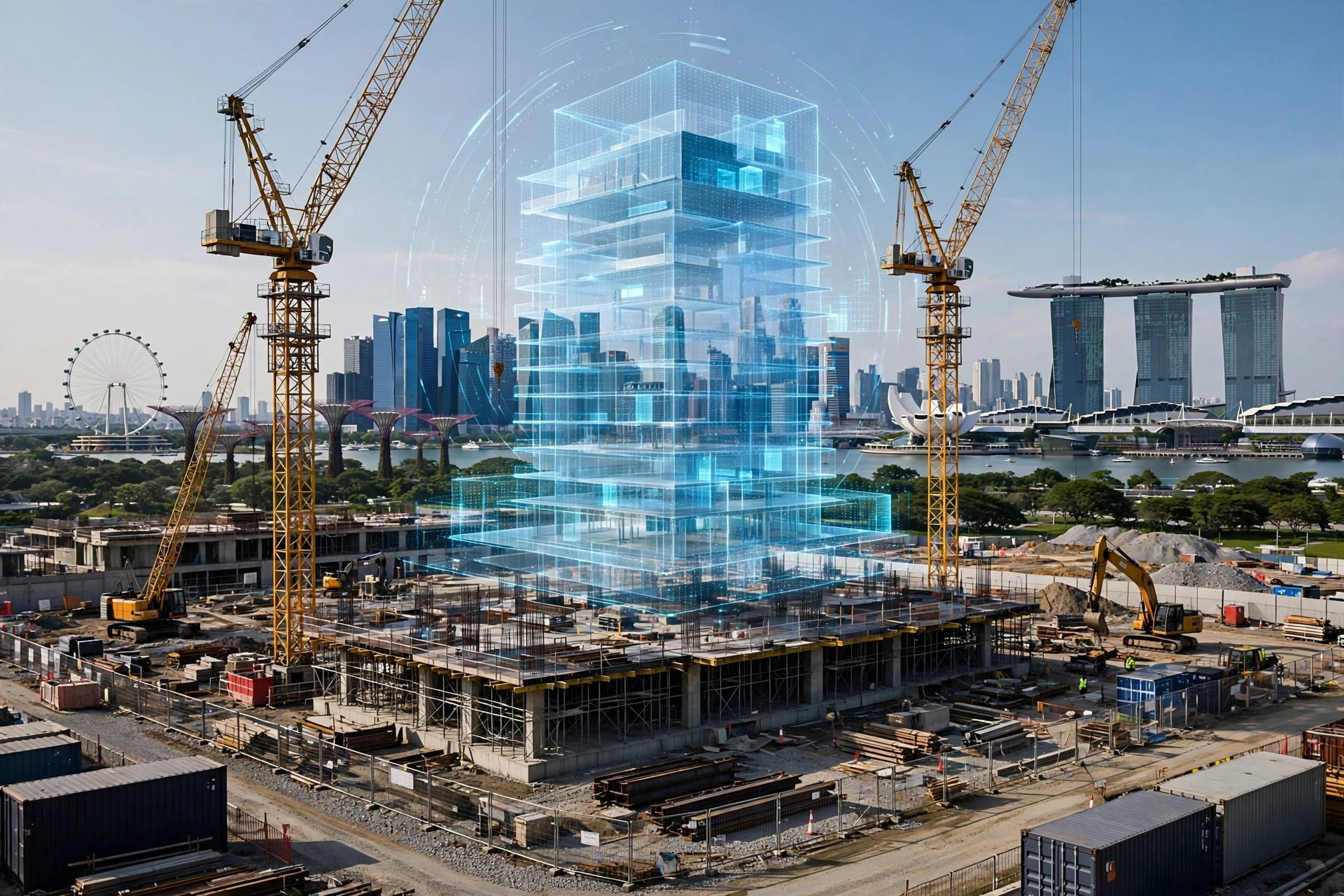 Construction site with a holographic building digital twin, representing LeapThought and Google Cloud sovereign AI partnership