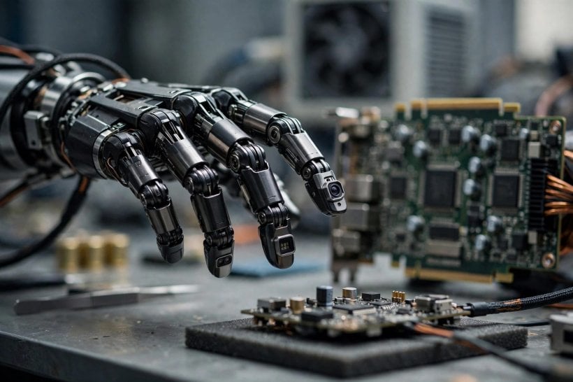Robotic hand with camera and LiDAR sensors using NVIDIA Holoscan Sensor Bridge to perceive an object before grasping it