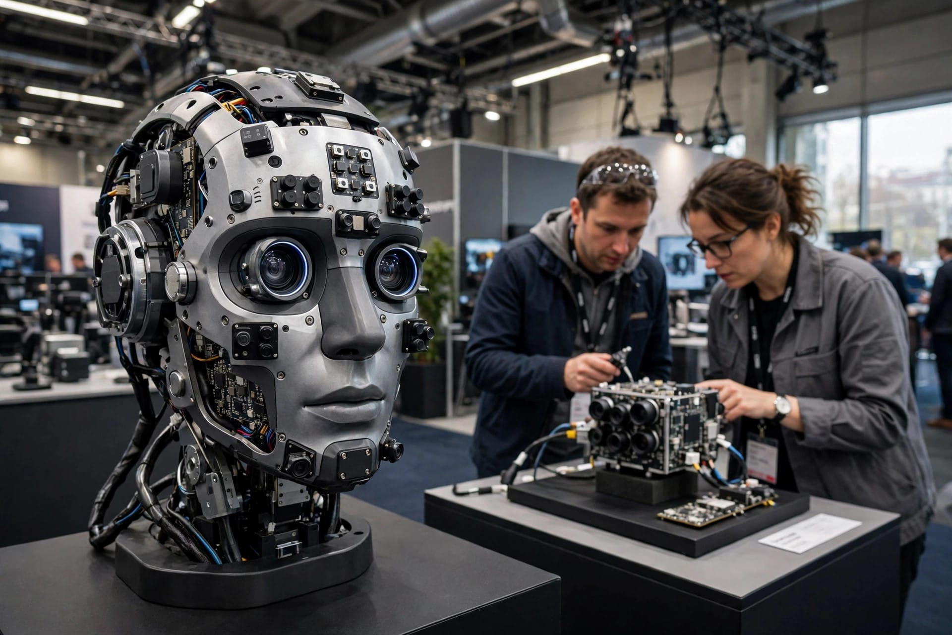 Humanoid robot head with camera eyes and sensor arrays built on NVIDIA Holoscan Sensor Bridge, shown at GTC Berlin
