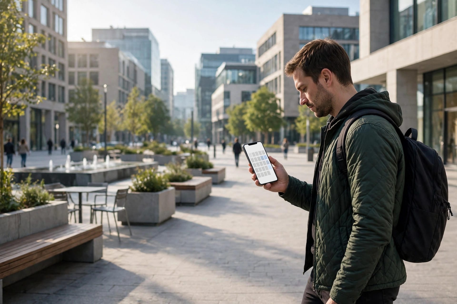 A person walking through a bright city plaza glancing at a phone with a blank calendar screen