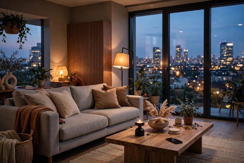 A cosy modern living room at dusk with warm lamps and a phone on a coffee table