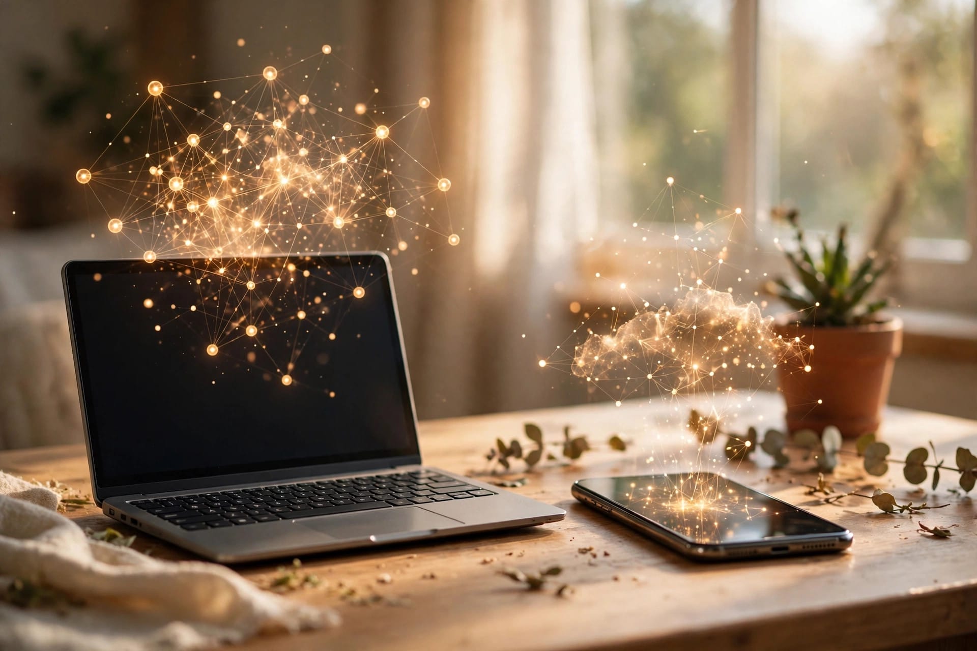 A laptop and smartphone on a desk running a compact on-device AI assistant with glowing nodes above the screens