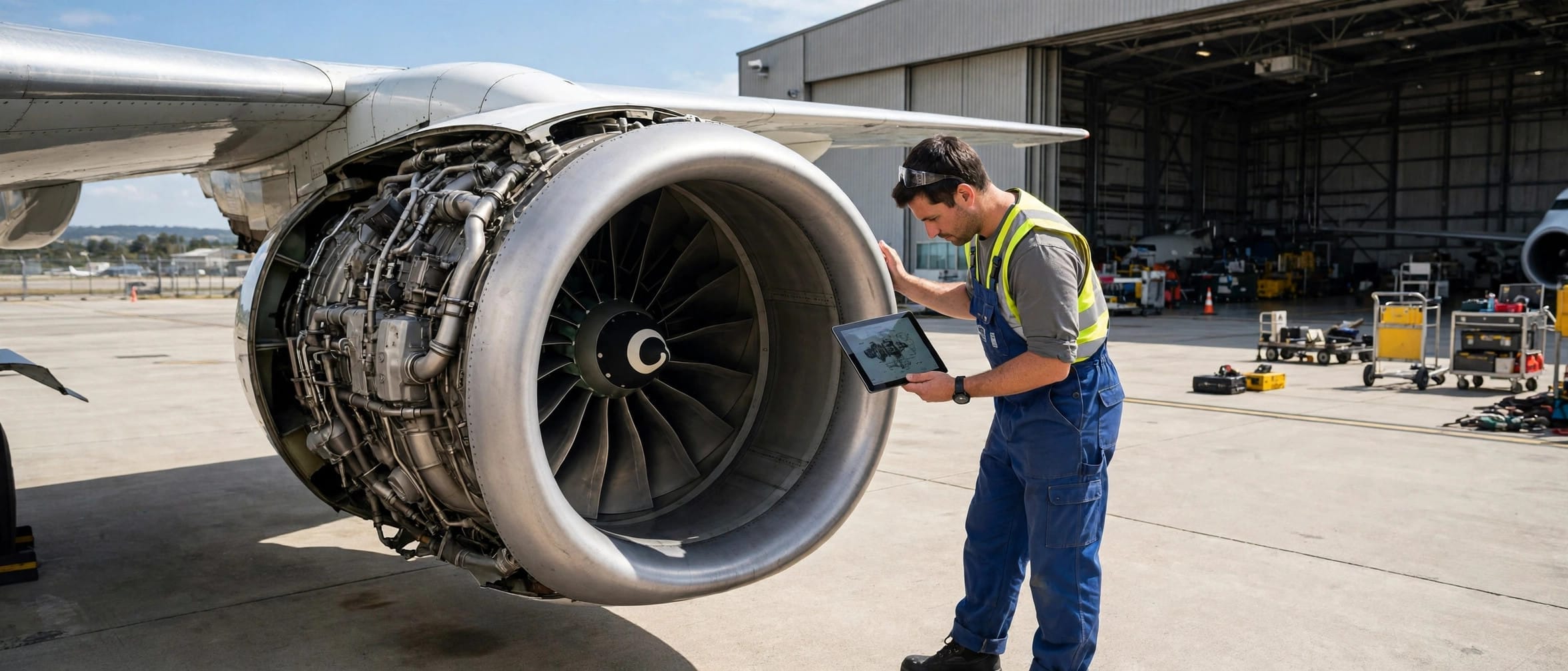 Aircraft maintenance technician with a tablet inspecting an engine