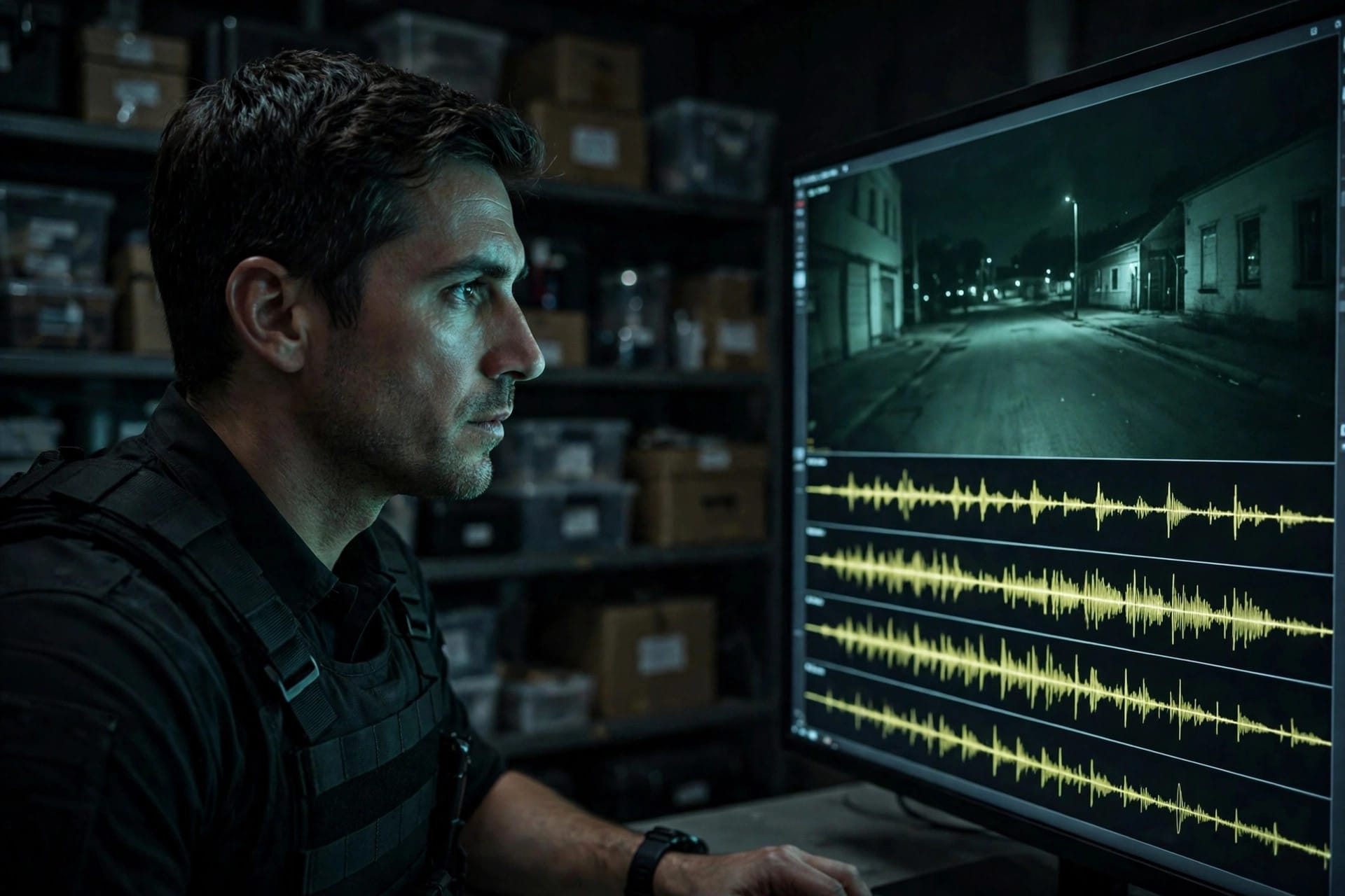 An investigator reviewing body-camera footage and audio in an evidence room, the workload Longeye's Series A is meant to scale through