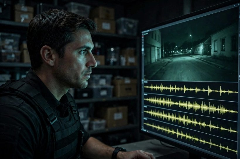 An investigator reviewing body-camera footage and audio in an evidence room, the workload Longeye's Series A is meant to scale through