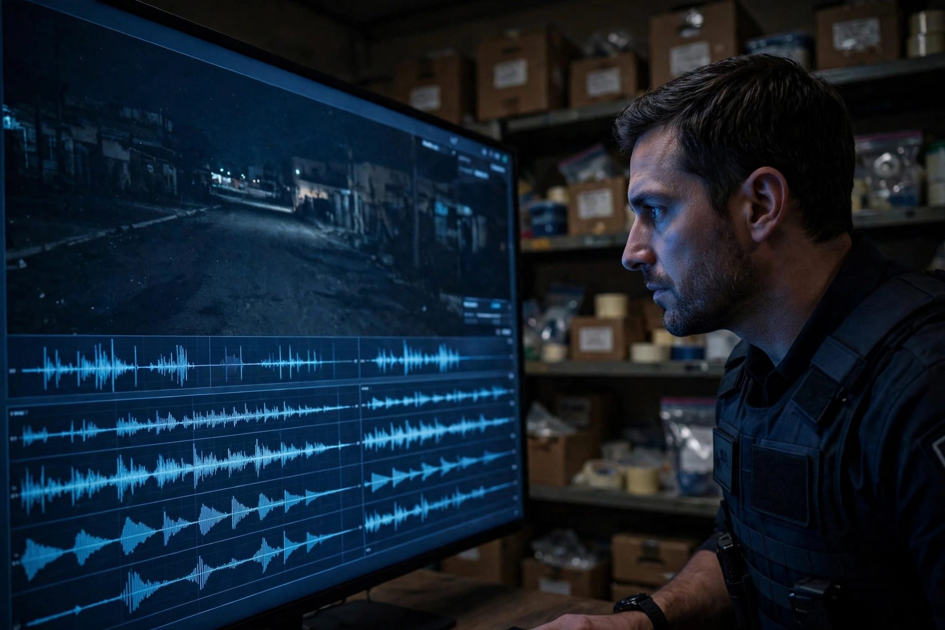 An investigator's desk with monitors of video evidence and case files, of the kind Longeye's AI platform searches for police agencies
