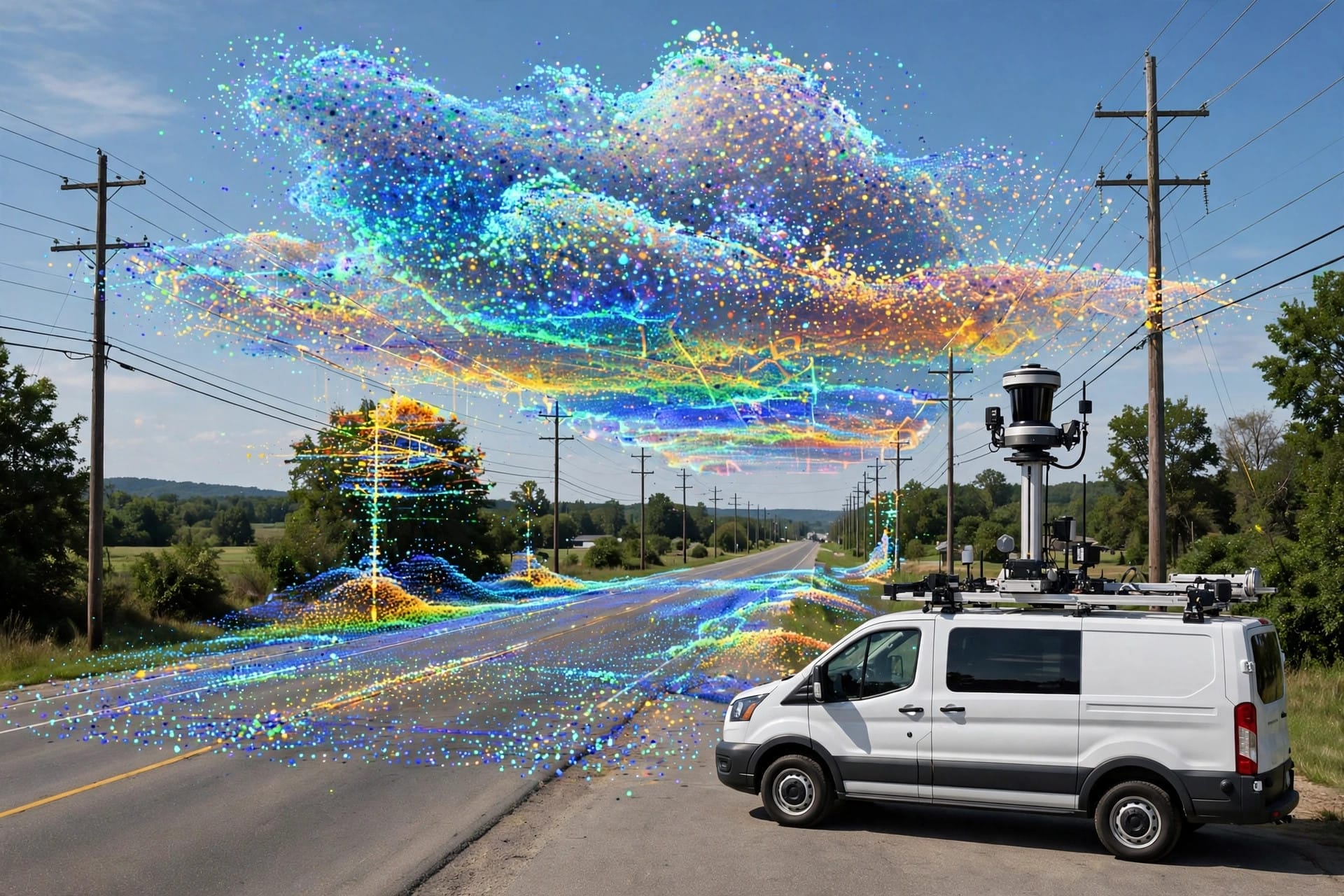 Vehicle-mounted LiDAR surveying a highway corridor for Mach9 AI CAD drafting