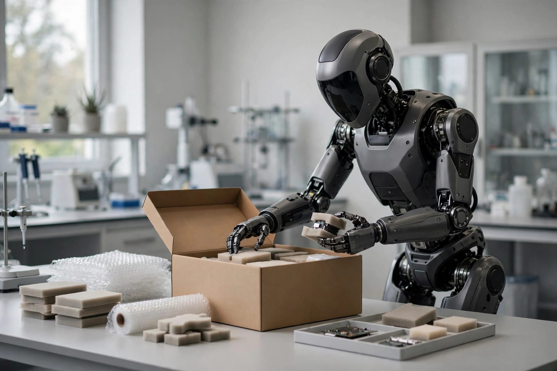 Humanoid robot packing items into a box