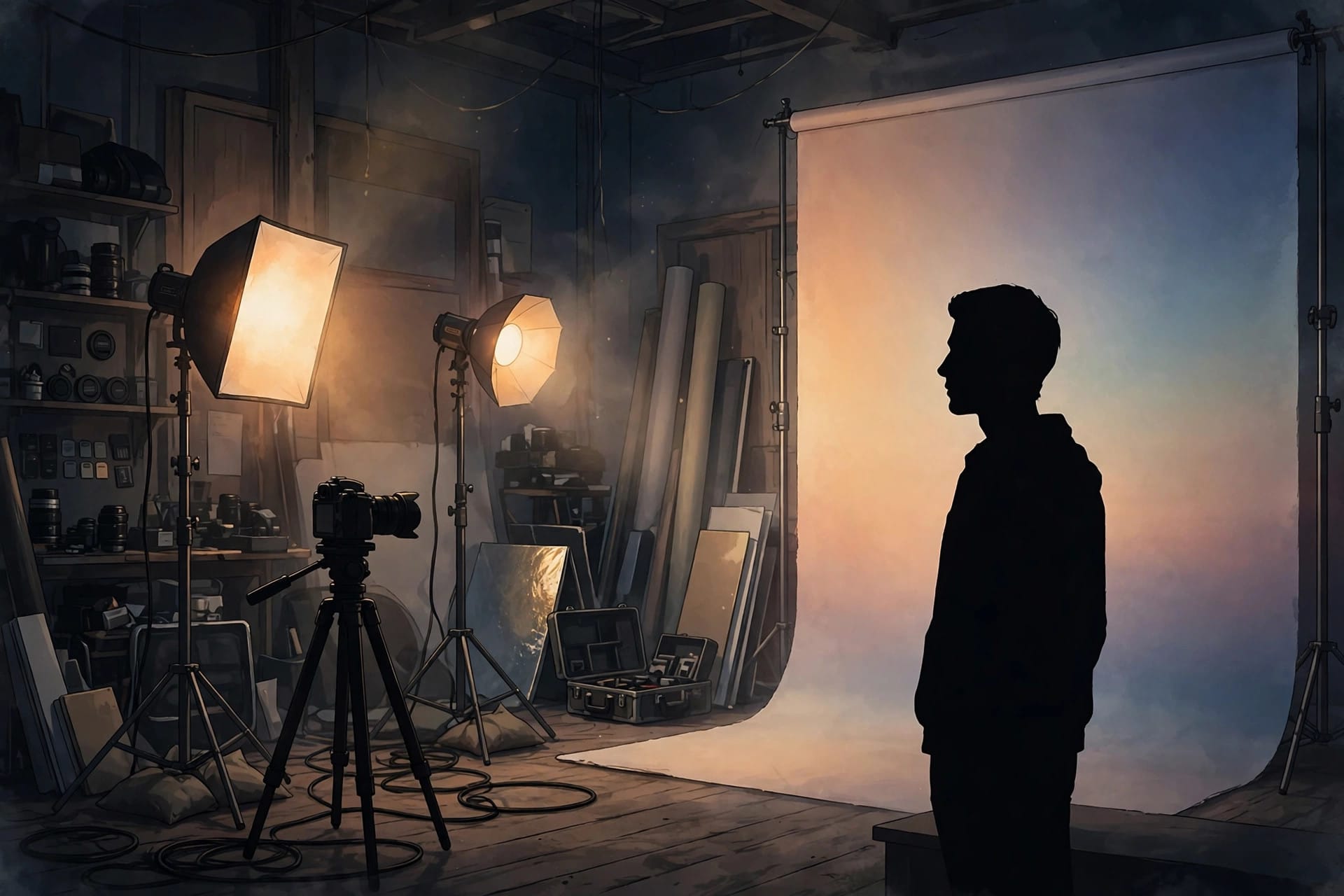 Portrait studio with camera, lights and a soft backdrop