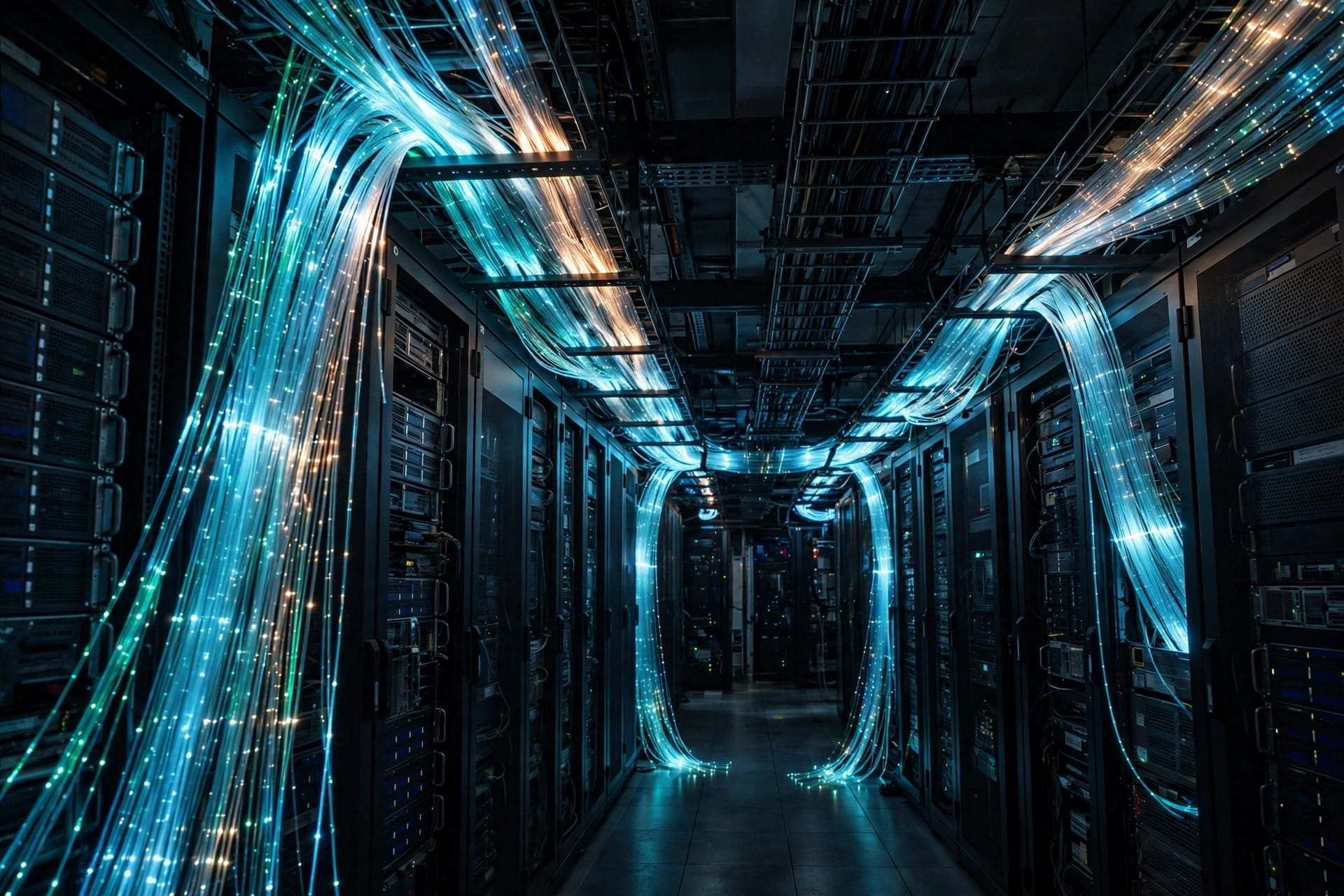 Glowing fiber-optic cables carrying light through a dark data center corridor